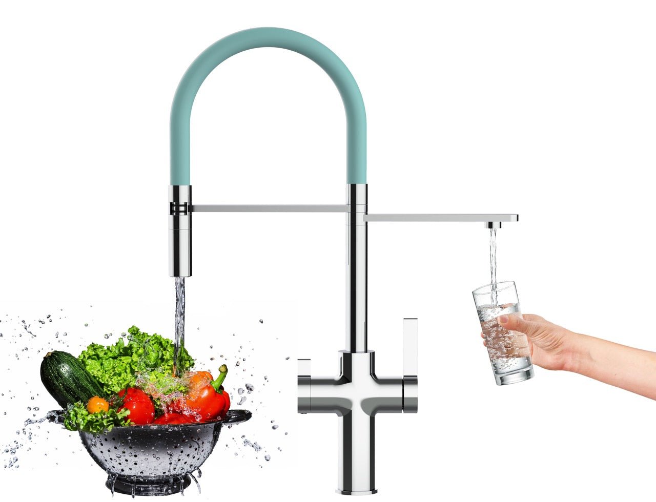 3 Way Kitchen Filter Tap, FC, with 360° swivel spout and 2-jets removable Spray, Chrome / Turquoise