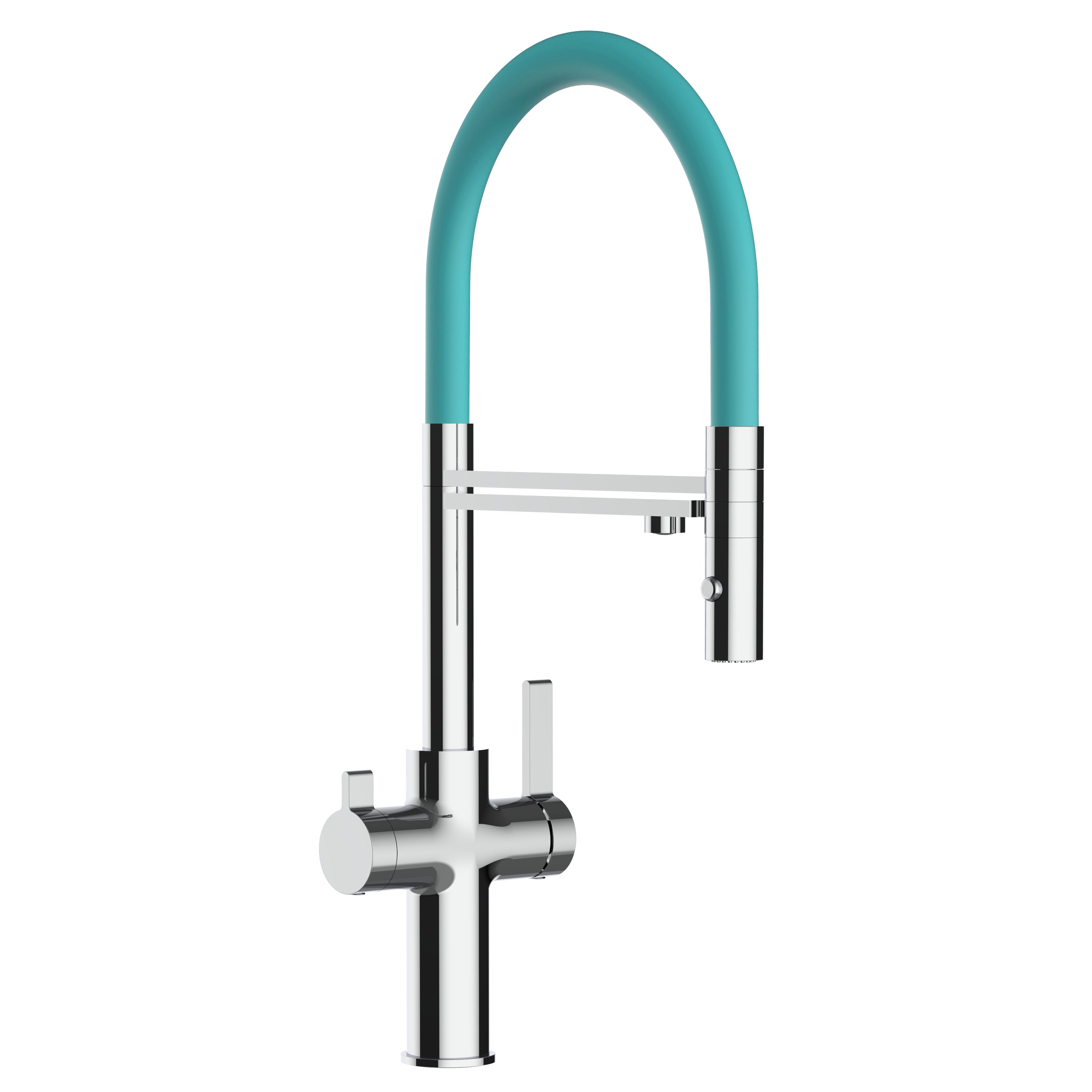 3 Way Kitchen Filter Tap, FC, with 360° swivel spout and 2-jets removable Spray, Chrome / Turquoise