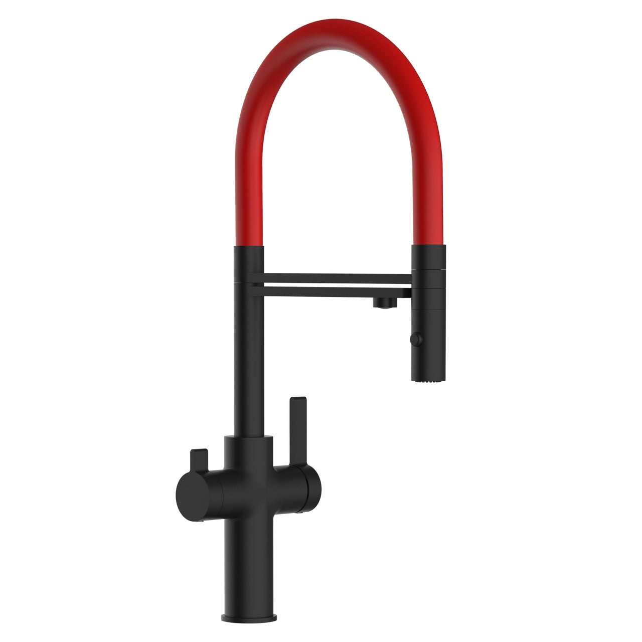 3 Way Kitchen Filter Tap, FC, with 360° swivel spout and 2-jets removable Spray, Matte Black / Red