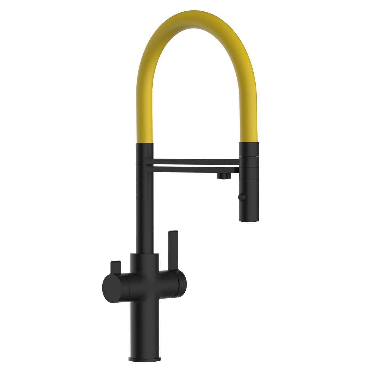 3 Way Kitchen Filter Tap, FC, with 360° swivel spout and 2-jets removable Spray, Matte Black / Yellow