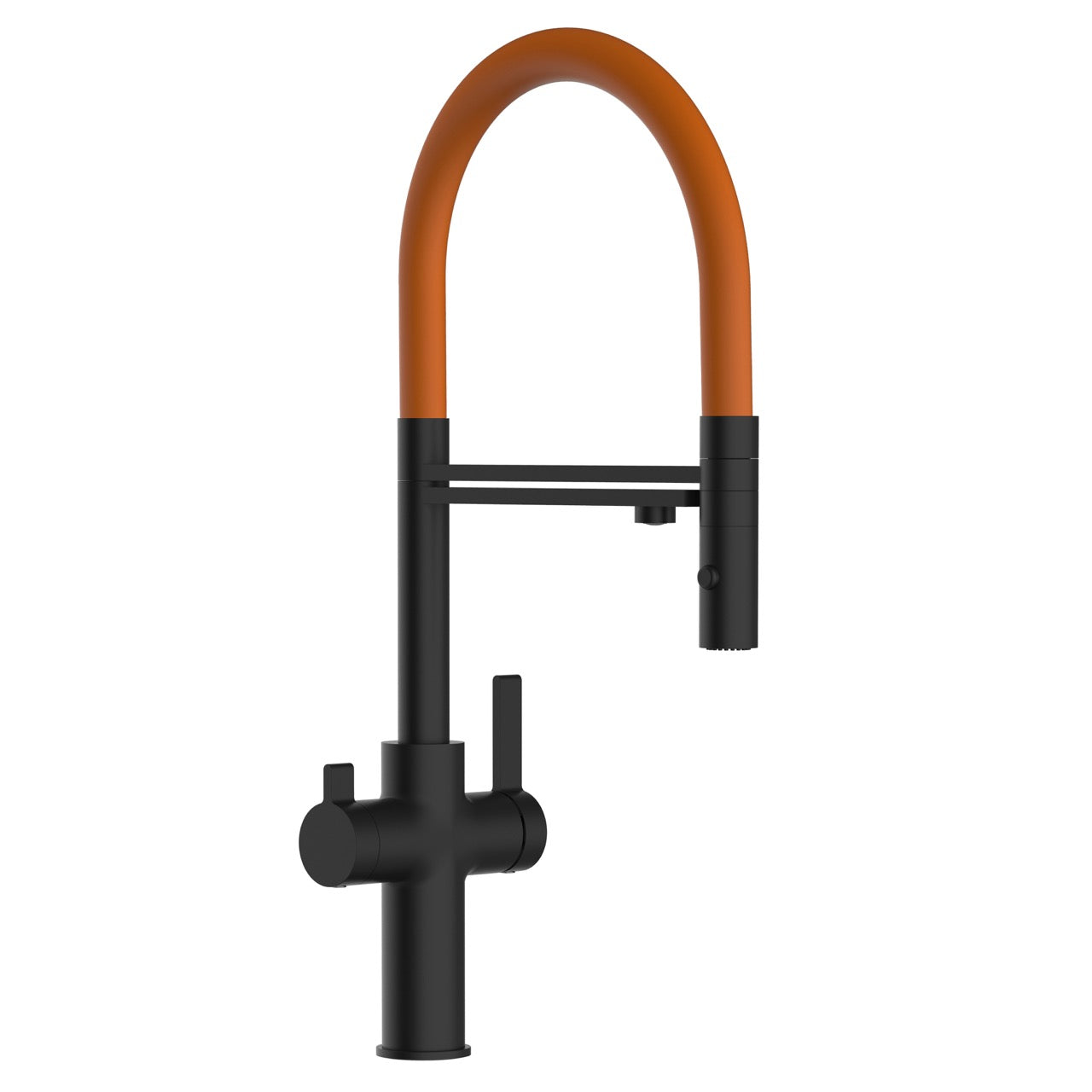 3 Way Kitchen Filter Tap, FC, with 360° swivel spout and 2-jets removable Spray, Matte Black / Orange