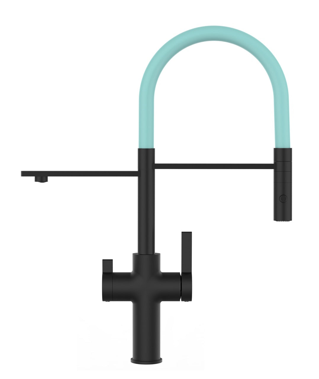 3 Way Kitchen Filter Tap, FC, with 360° swivel spout and 2-jets removable Spray, Matte Black / Turquoise