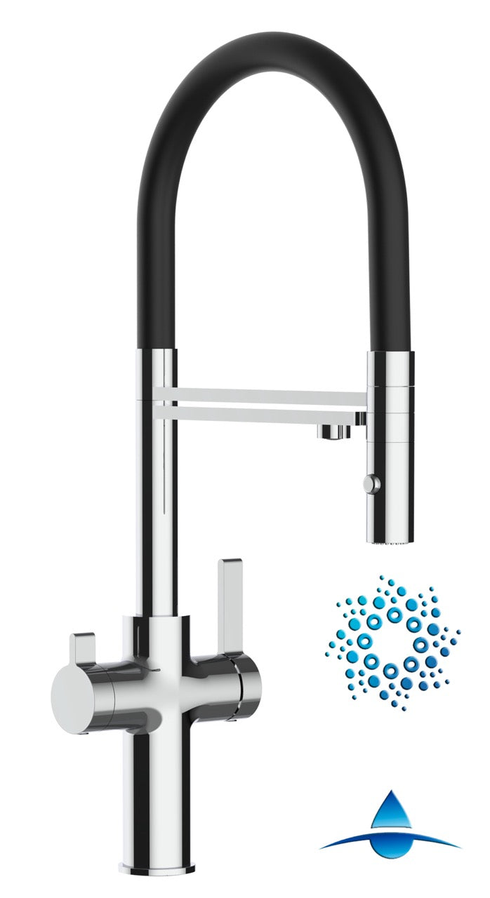 4 Way Kitchen Filter Tap, FC, with 360° swivel spout and 2-jets removable Spray, Chrome / Black