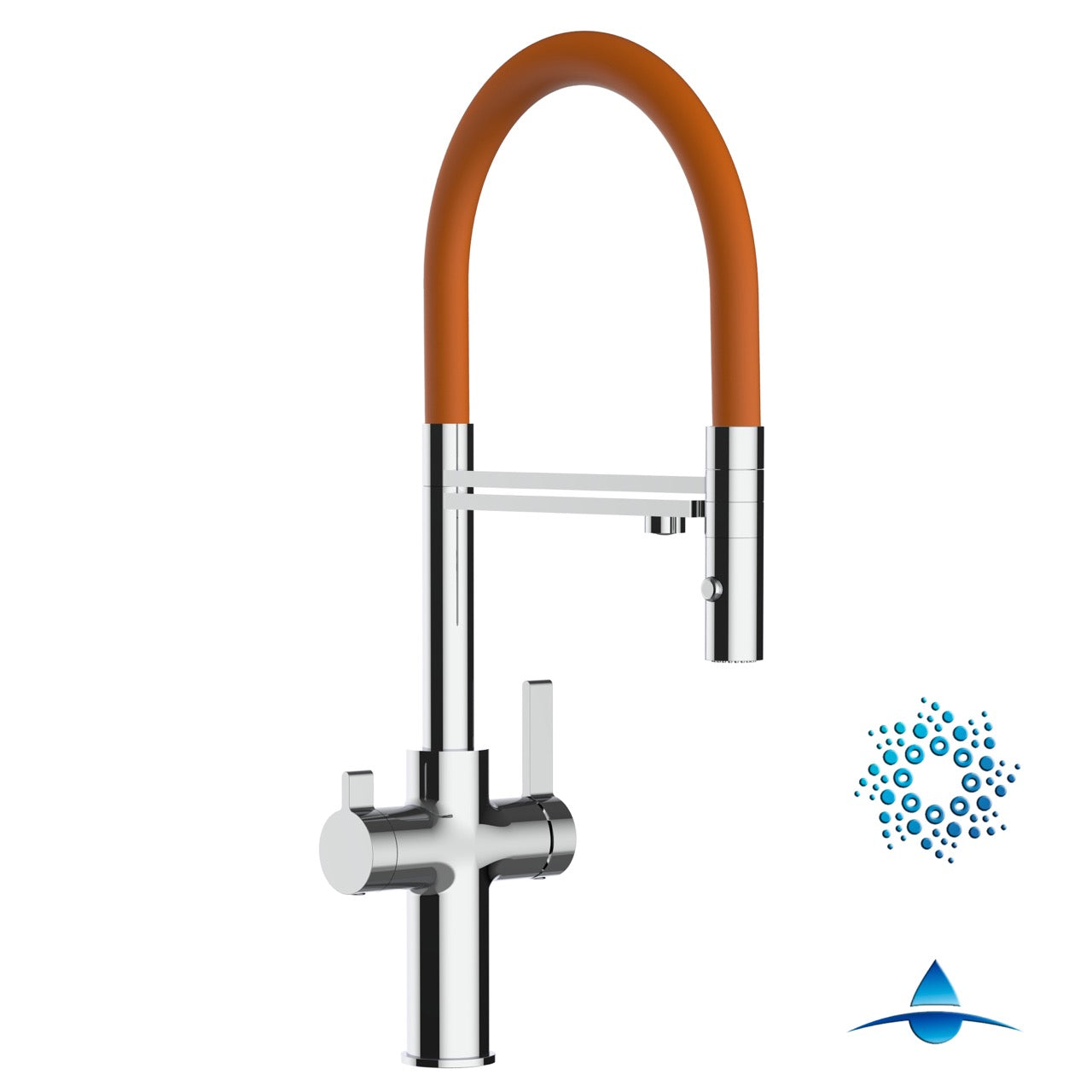 4 Way Kitchen Filter Tap, FC, with 360° swivel spout and 2-jets removable Spray, Chrome / Orange