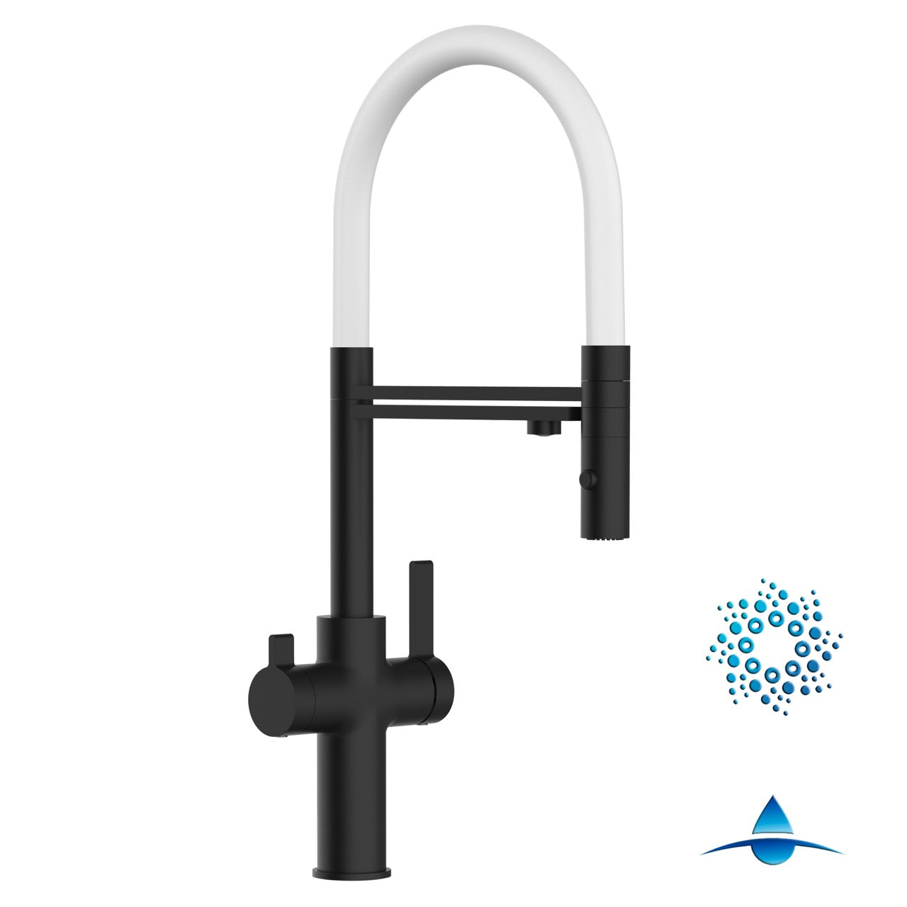 4 Way Kitchen Filter Tap, FC, with 360° swivel spout and 2-jets removable Spray, Matte Black / White