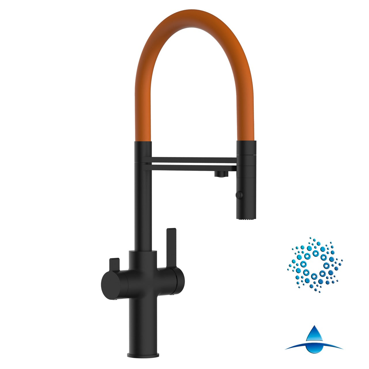 4 Way Kitchen Filter Tap, FC, with 360° swivel spout and 2-jets removable Spray, Matte Black / Orange