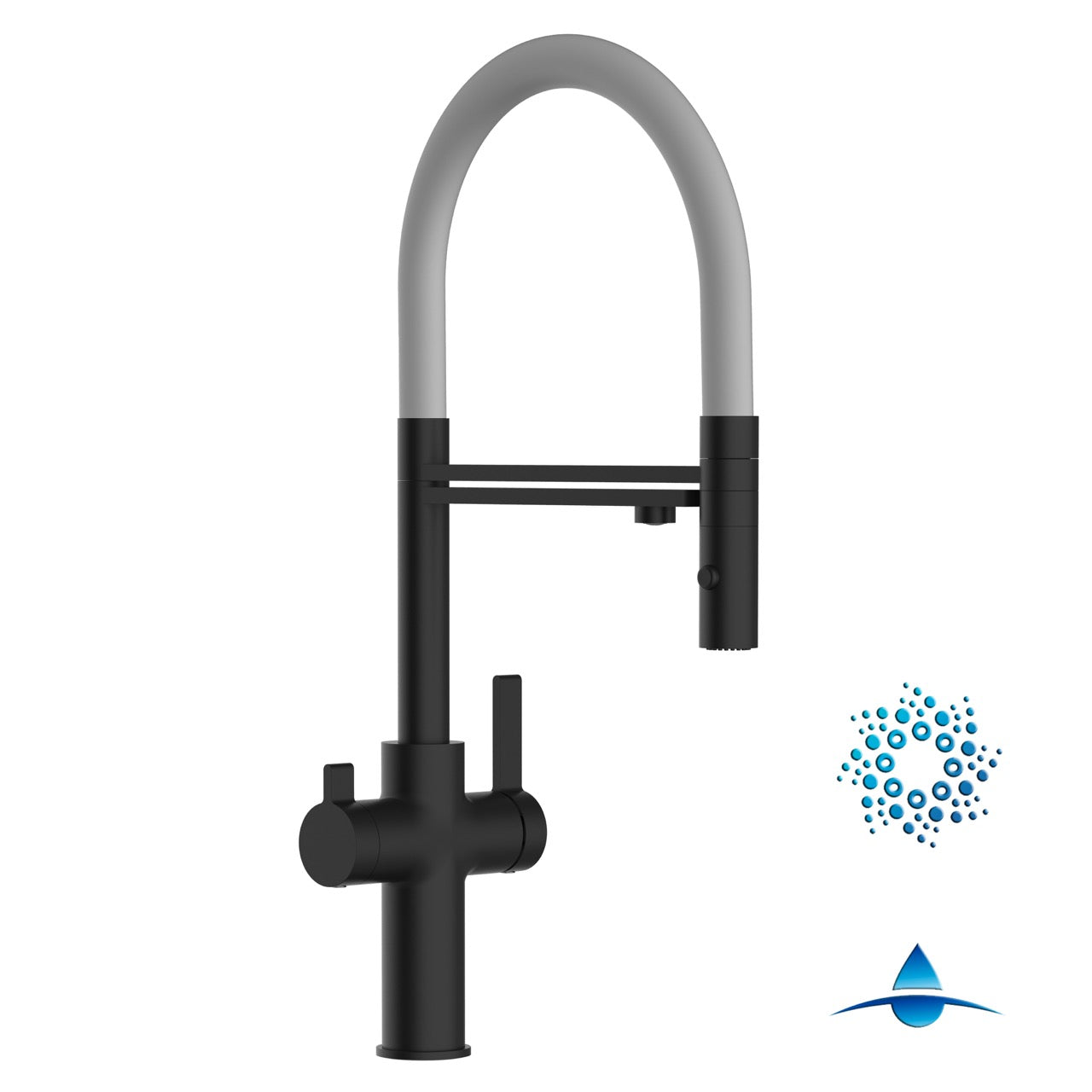 4 Way Kitchen Filter Tap, FC, with 360° swivel spout and 2-jets removable Spray, Matte Black / Gray