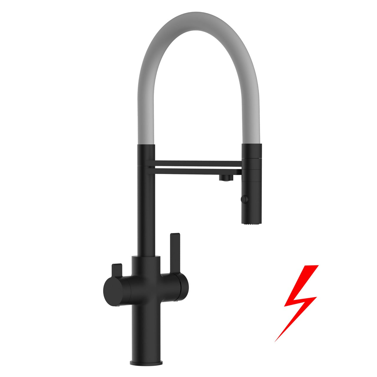 NIEDERDRUCK 3 Wege Wasserhahn Küchenarmatur, FC, mit 360° schwenkbarem Auslauf, abnehmbare 2 strahl Handbrause, Schwarz Matt / Grau