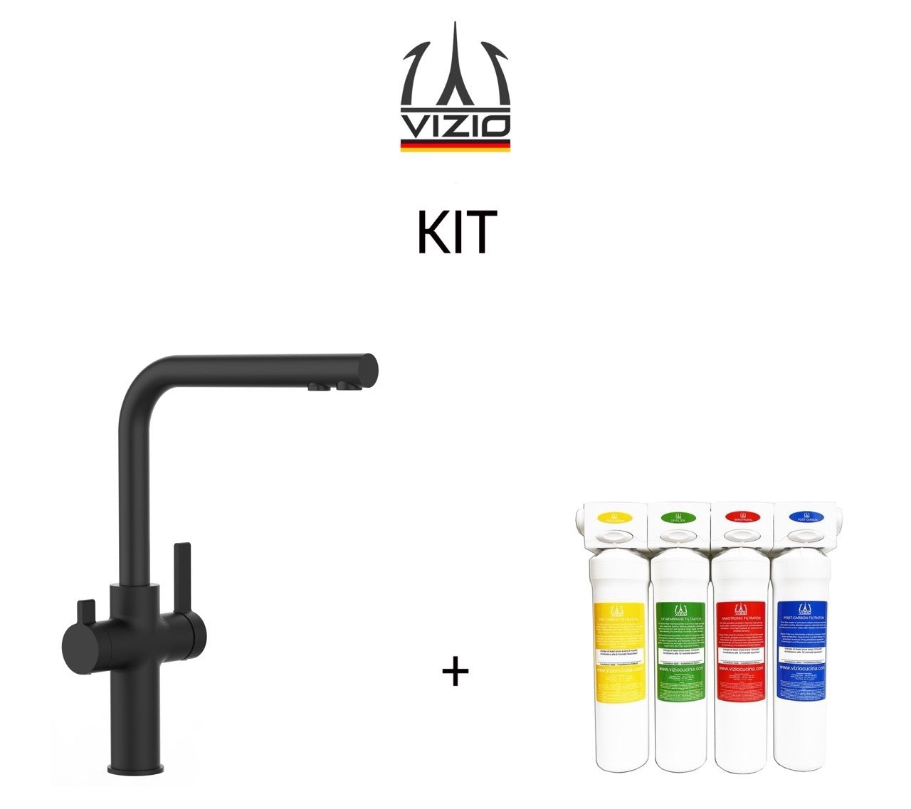 KIT COMPLETO: Grifo de Cocina 3 Vías, FC, con caño giratorio 360° en L, Negro Mate y Sistema de filtración de agua con carbón activado