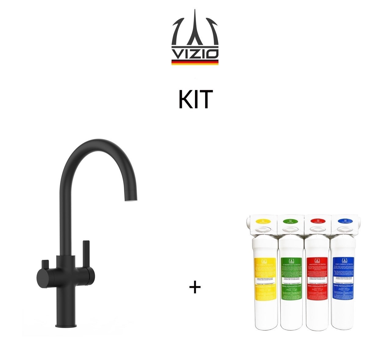 KIT Vollständiges Wasserfilter system + 3 Wege Wasserhahn Küchenarmatur, FC, mit 360° schwenkbarem U-Auslauf, Schwarz Matt
