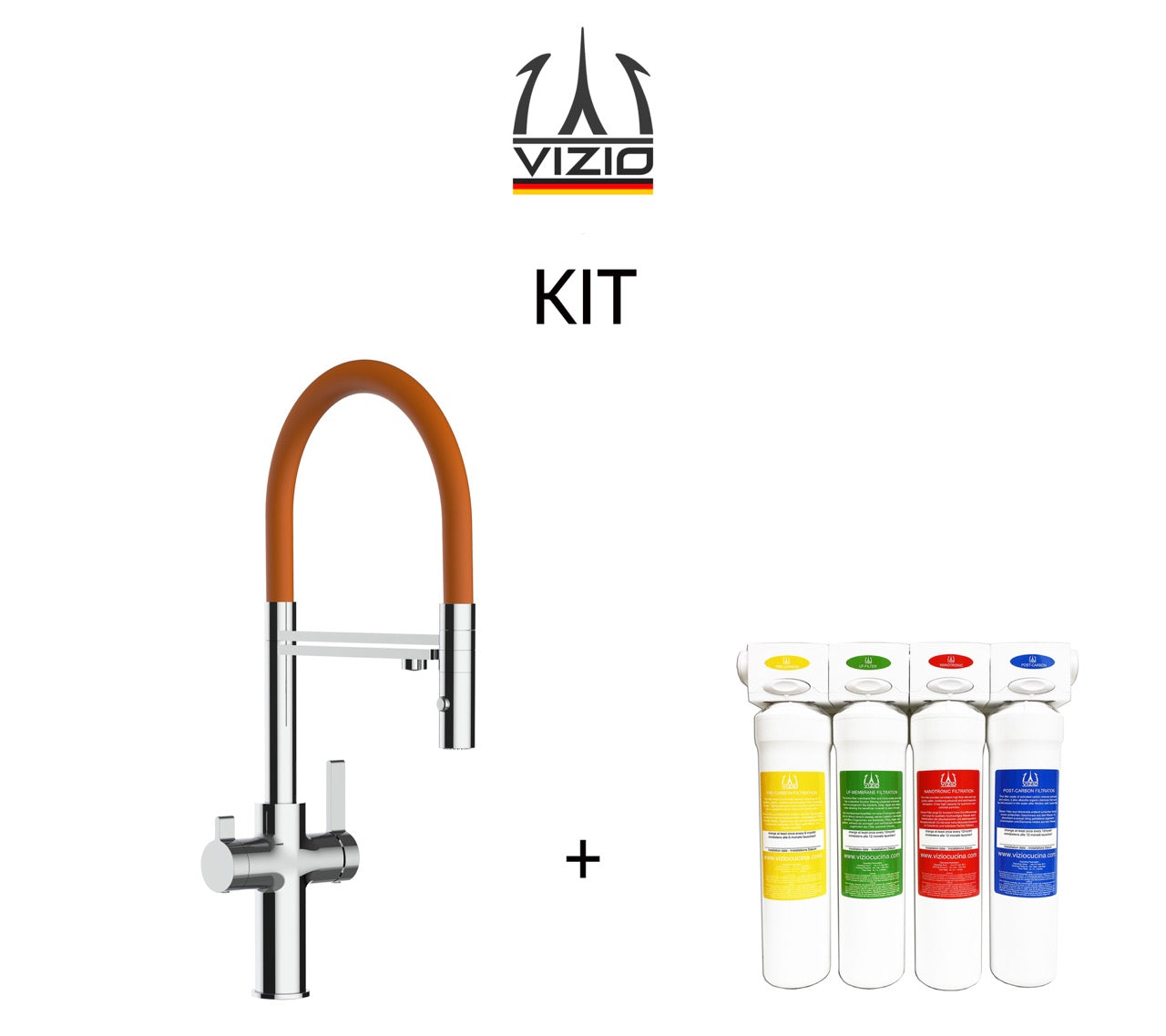 KIT 3 Way Kitchen Filter Tap, FC, with 360° swivel spout and 2-jets removable Spray, Chrome + Activated Carbon Water Filter System