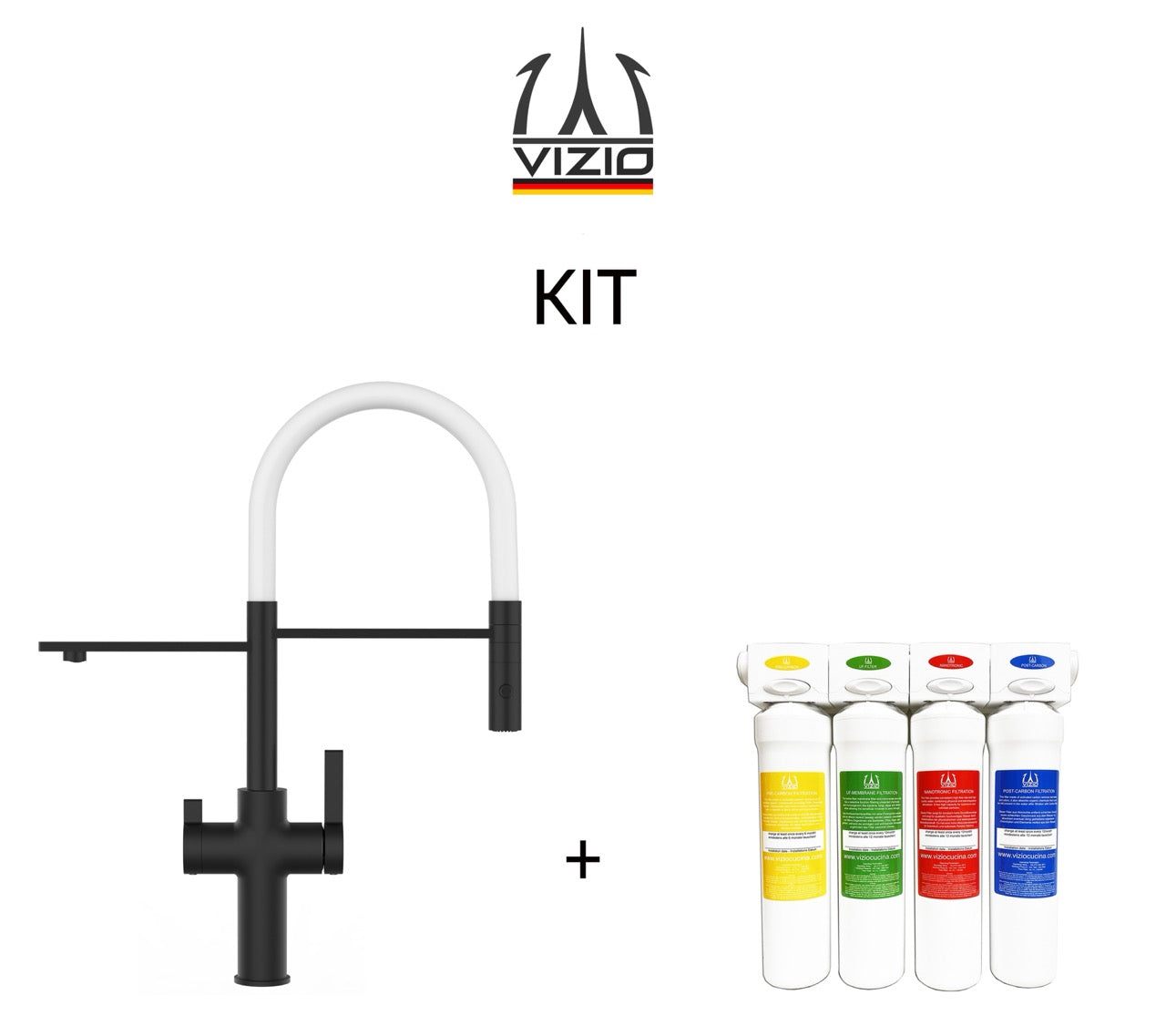 KIT 3 Way Kitchen Filter Tap, FC, with 360° swivel spout and 2-jets removable Spray, Matte Black + Activated Carbon Water Filter System