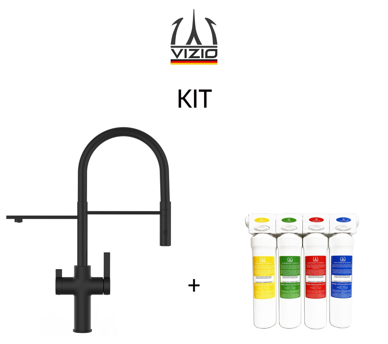 KIT 3 Way Kitchen Filter Tap, FC, with 360° swivel spout and 2-jets removable Spray, Matte Black + Activated Carbon Water Filter System