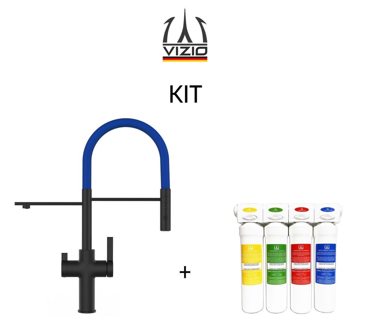 KIT 3 Way Kitchen Filter Tap, FC, with 360° swivel spout and 2-jets removable Spray, Matte Black + Activated Carbon Water Filter System