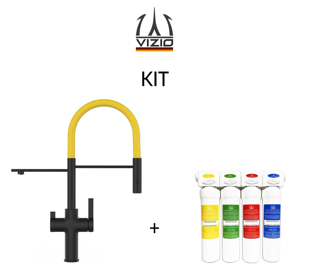 KIT 3 Way Kitchen Filter Tap, FC, with 360° swivel spout and 2-jets removable Spray, Matte Black + Activated Carbon Water Filter System