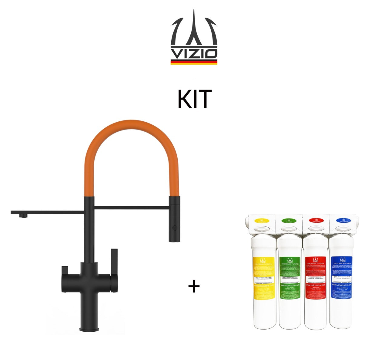 KIT 3 Way Kitchen Filter Tap, FC, with 360° swivel spout and 2-jets removable Spray, Matte Black + Activated Carbon Water Filter System
