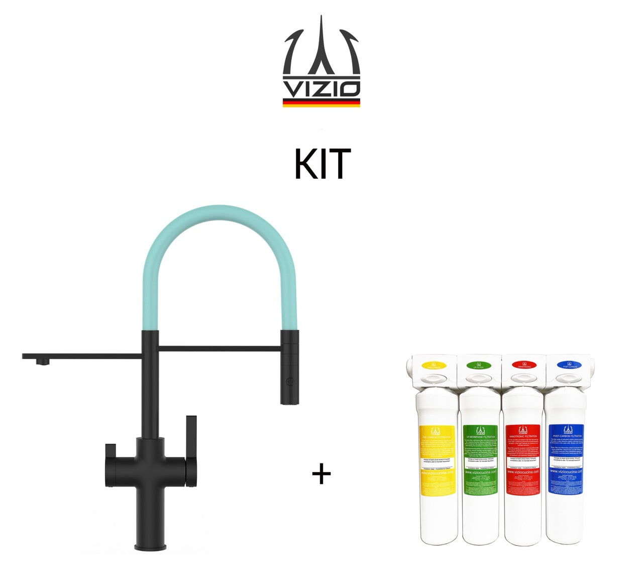 KIT 3 Way Kitchen Filter Tap, FC, with 360° swivel spout and 2-jets removable Spray, Matte Black + Activated Carbon Water Filter System