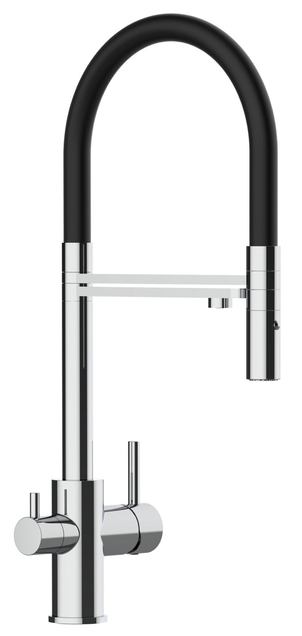 3 Way Kitchen Filter Tap, FL, with 360° swivel spout and 2-jets removable Spray, Chrome / Black