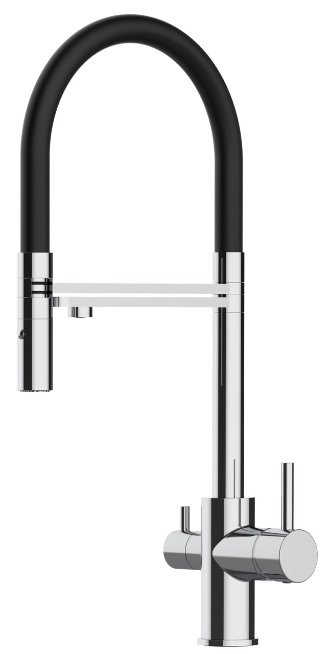 3 Way Kitchen Filter Tap, FL, with 360° swivel spout and 2-jets removable Spray, Chrome / Black