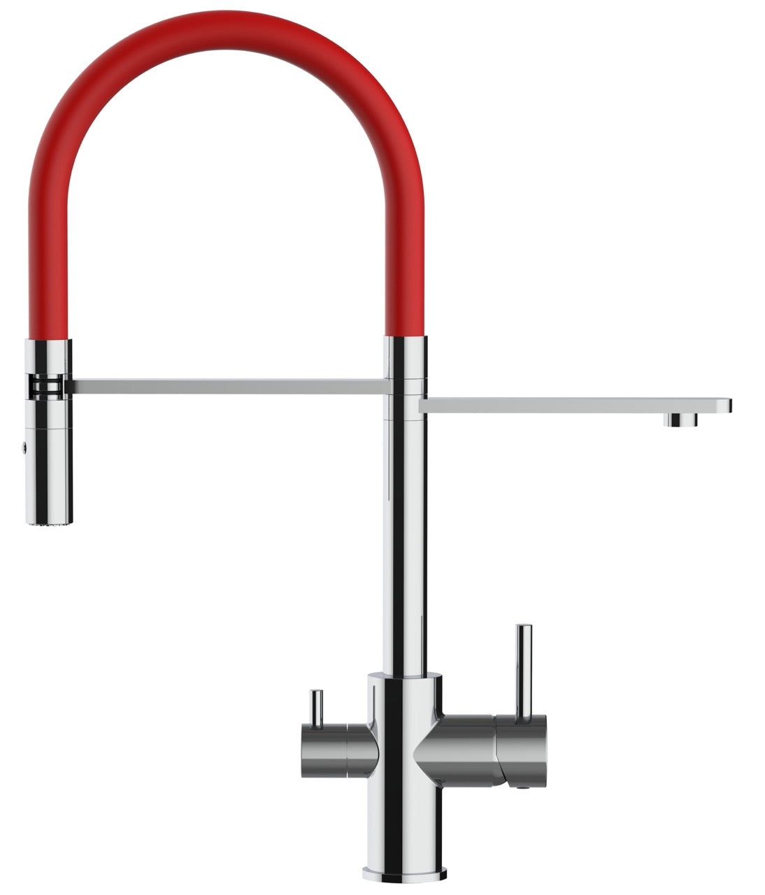 3 Way Kitchen Filter Tap, FL, with 360° swivel spout and 2-jets removable Spray, Chrome / Red