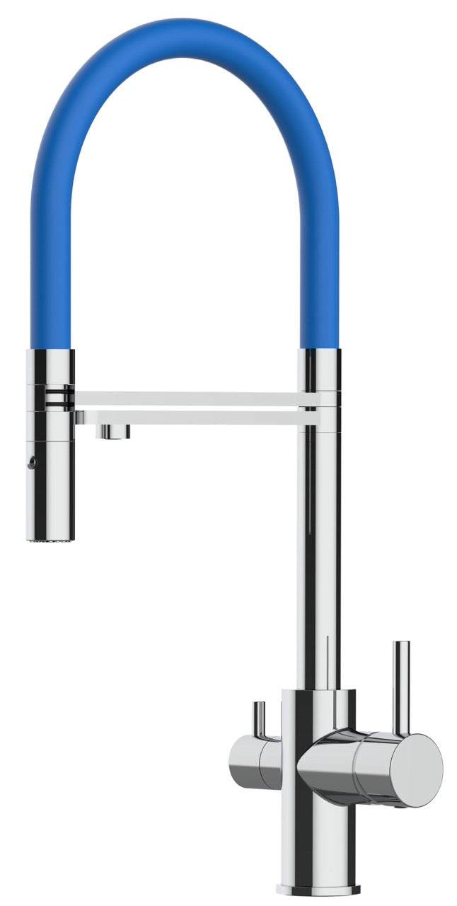 3 Way Kitchen Filter Tap, FL, with 360° swivel spout and 2-jets removable Spray, Chrome / Blue