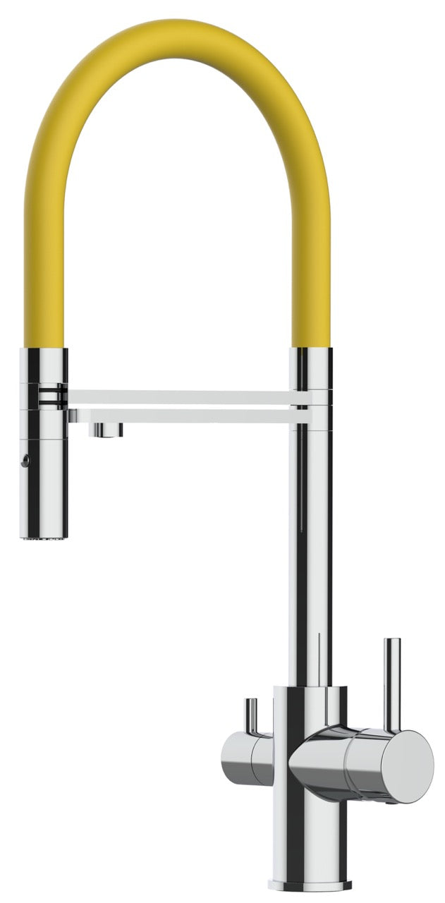 3 Way Kitchen Filter Tap, FL, with 360° swivel spout and 2-jets removable Spray, Chrome / Yellow