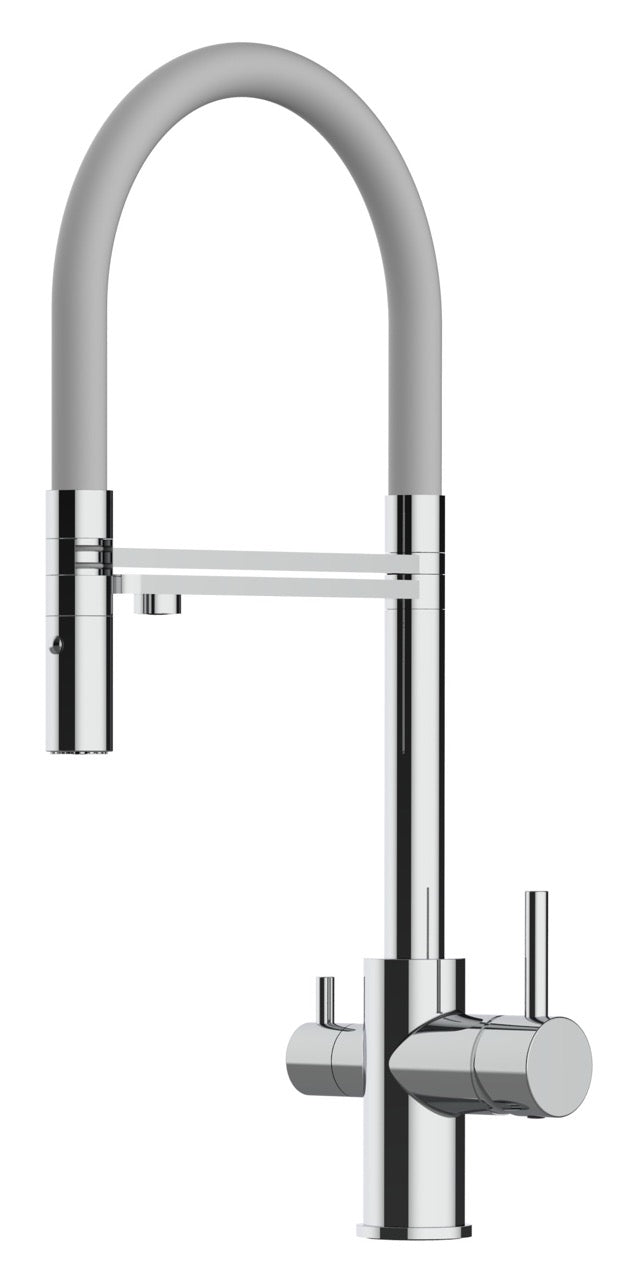 3 Way Kitchen Filter Tap, FL, with 360° swivel spout and 2-jets removable Spray, Chrome / Grey