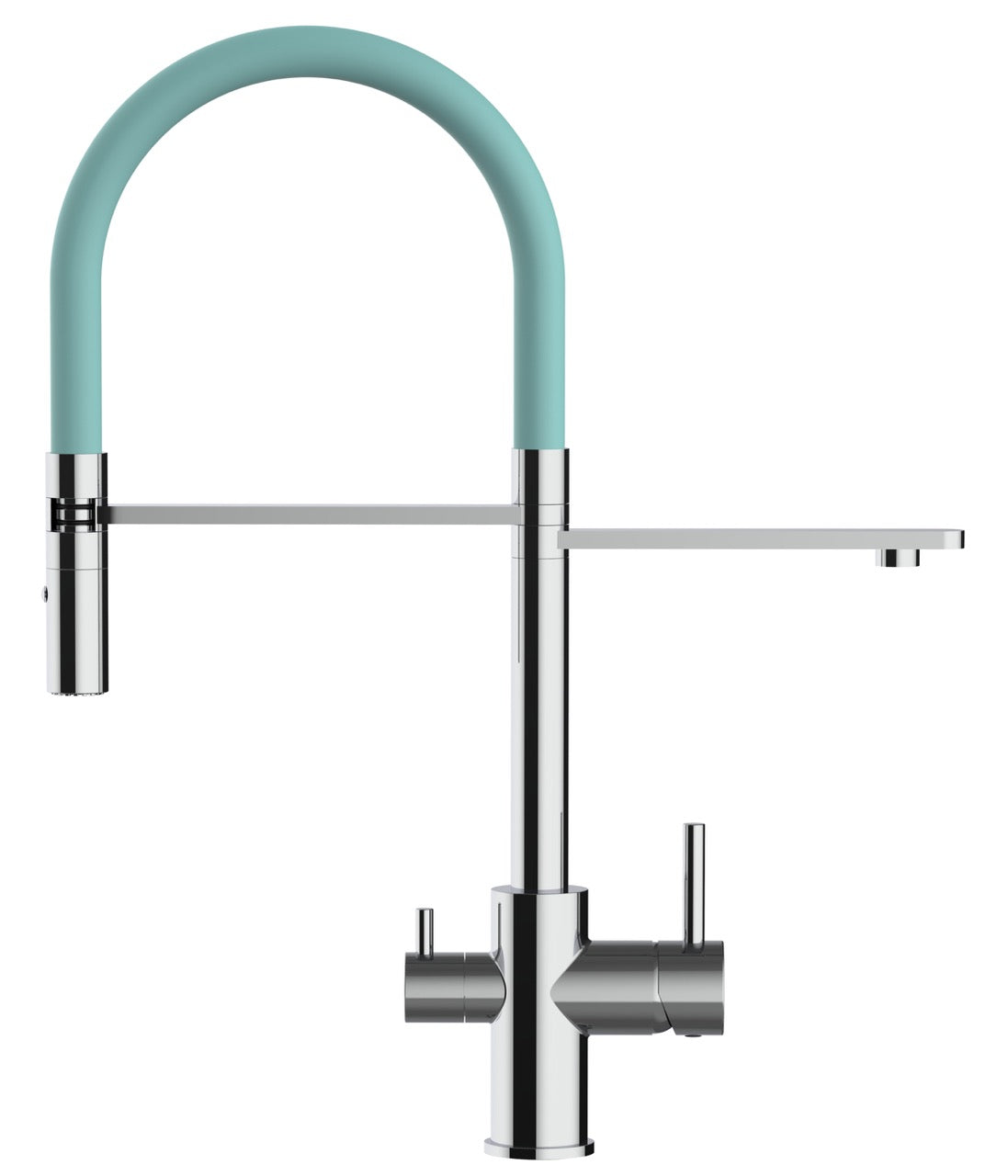 3 Way Kitchen Filter Tap, FL, with 360° swivel spout and 2-jets removable Spray, Chrome / Turquoise