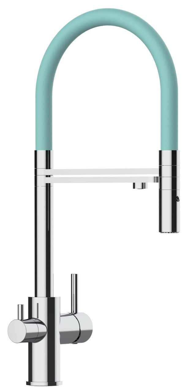 3 Way Kitchen Filter Tap, FL, with 360° swivel spout and 2-jets removable Spray, Chrome / Turquoise