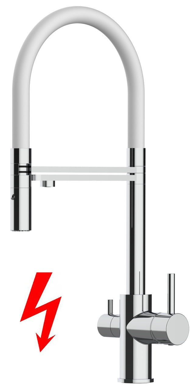 NIEDERDRUCK 3 Wege Wasserhahn Küchenarmatur, FL, mit 360° schwenkbarem Auslauf, abnehmbare 2 strahl Handbrause, Verchromt / Weiß