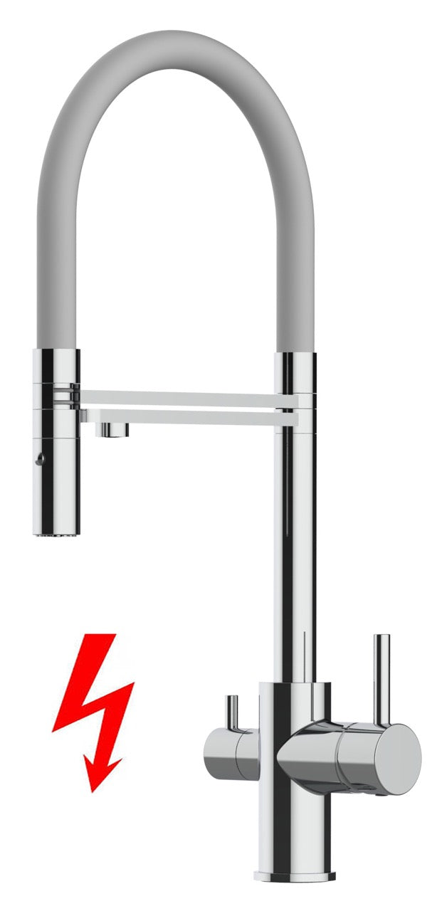 NIEDERDRUCK 3 Wege Wasserhahn Küchenarmatur, FL, mit 360° schwenkbarem Auslauf, abnehmbare 2 strahl Handbrause, Verchromt / Grau