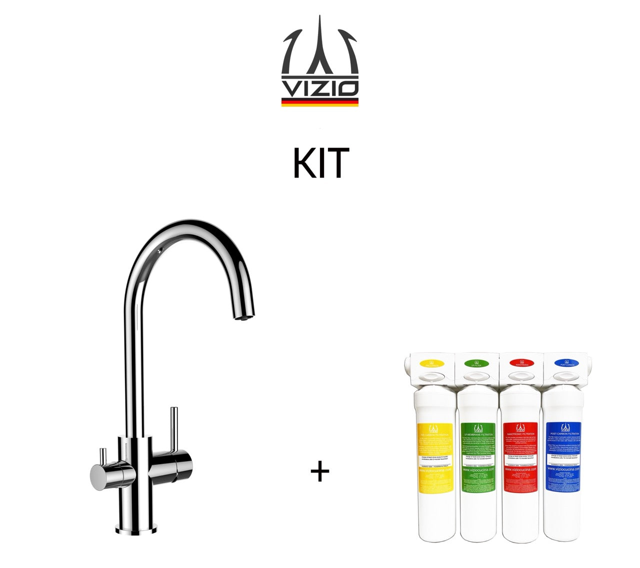 KIT 3 Way Kitchen Filter Tap, FL, with 360° Swivel U-Spout, Chrome + Activated Carbon Water Filter System