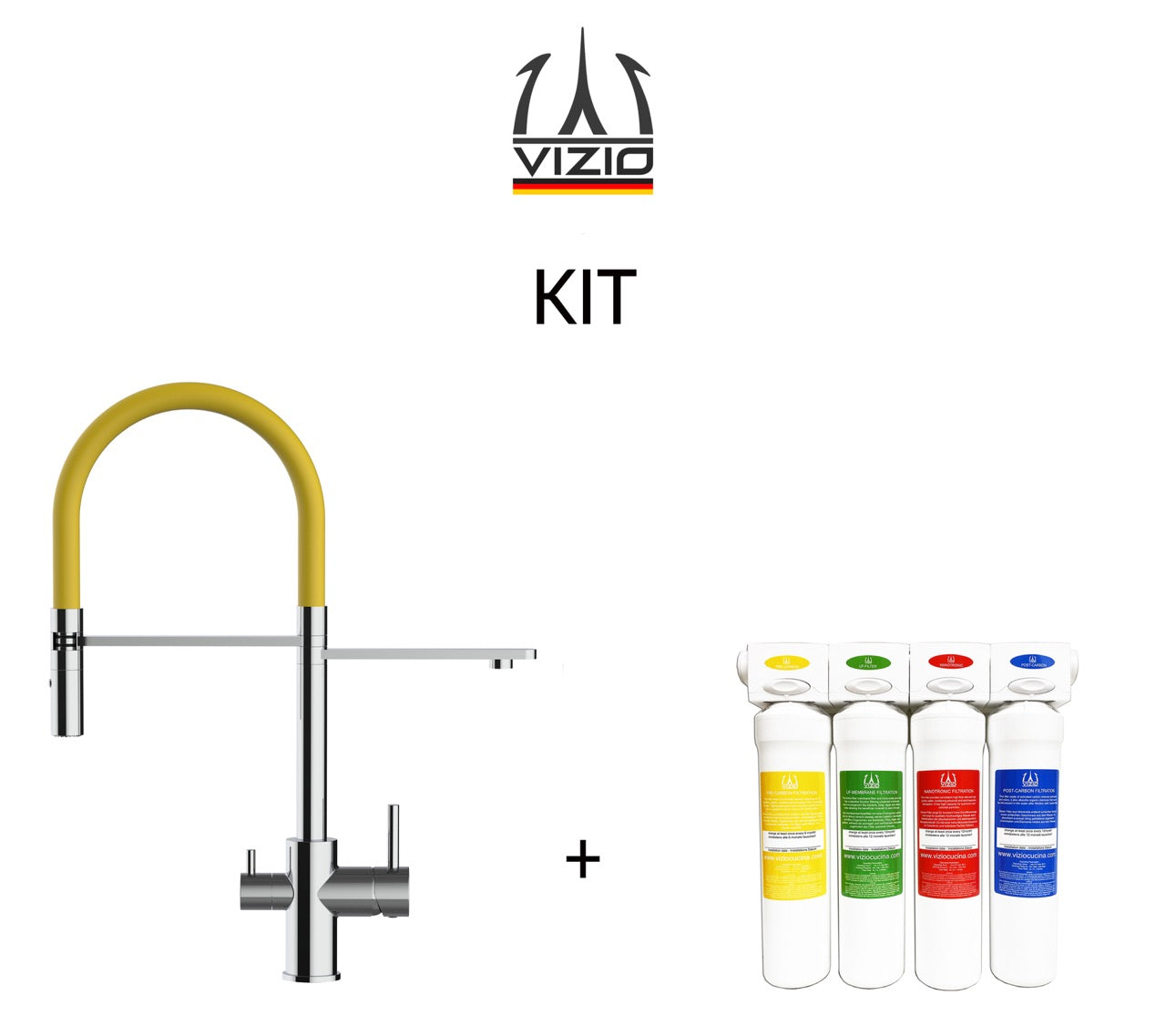 KIT 3 Way Kitchen Filter Tap, FL, with 360° swivel spout and 2-jets removable Spray, Chrome + Activated Carbon Water Filter System