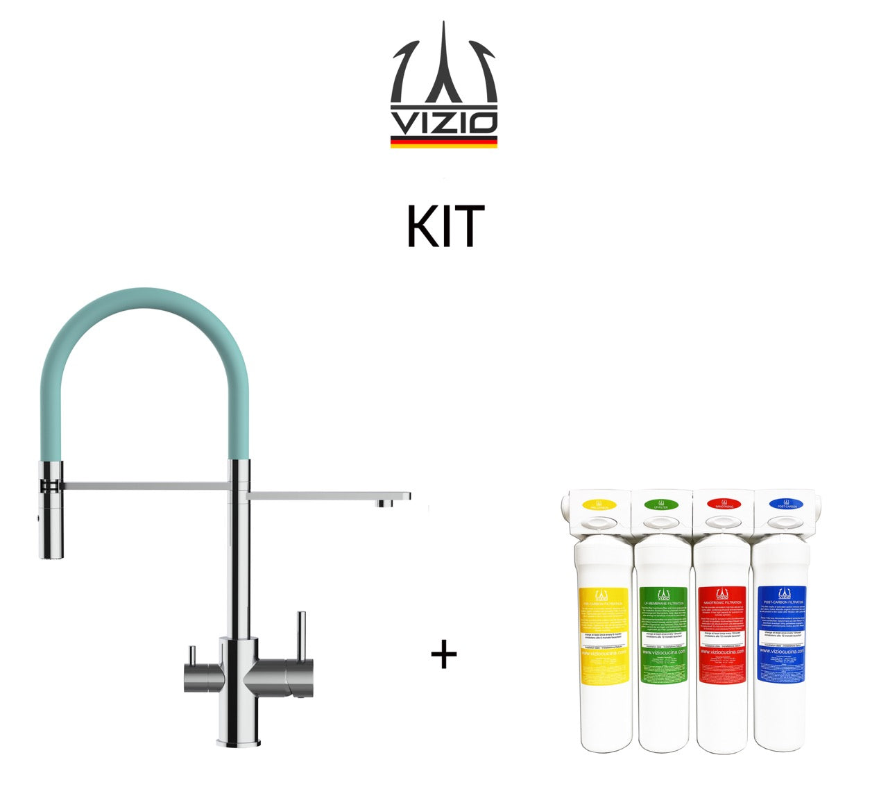 KIT 3 Way Kitchen Filter Tap, FL, with 360° swivel spout and 2-jets removable Spray, Chrome + Activated Carbon Water Filter System