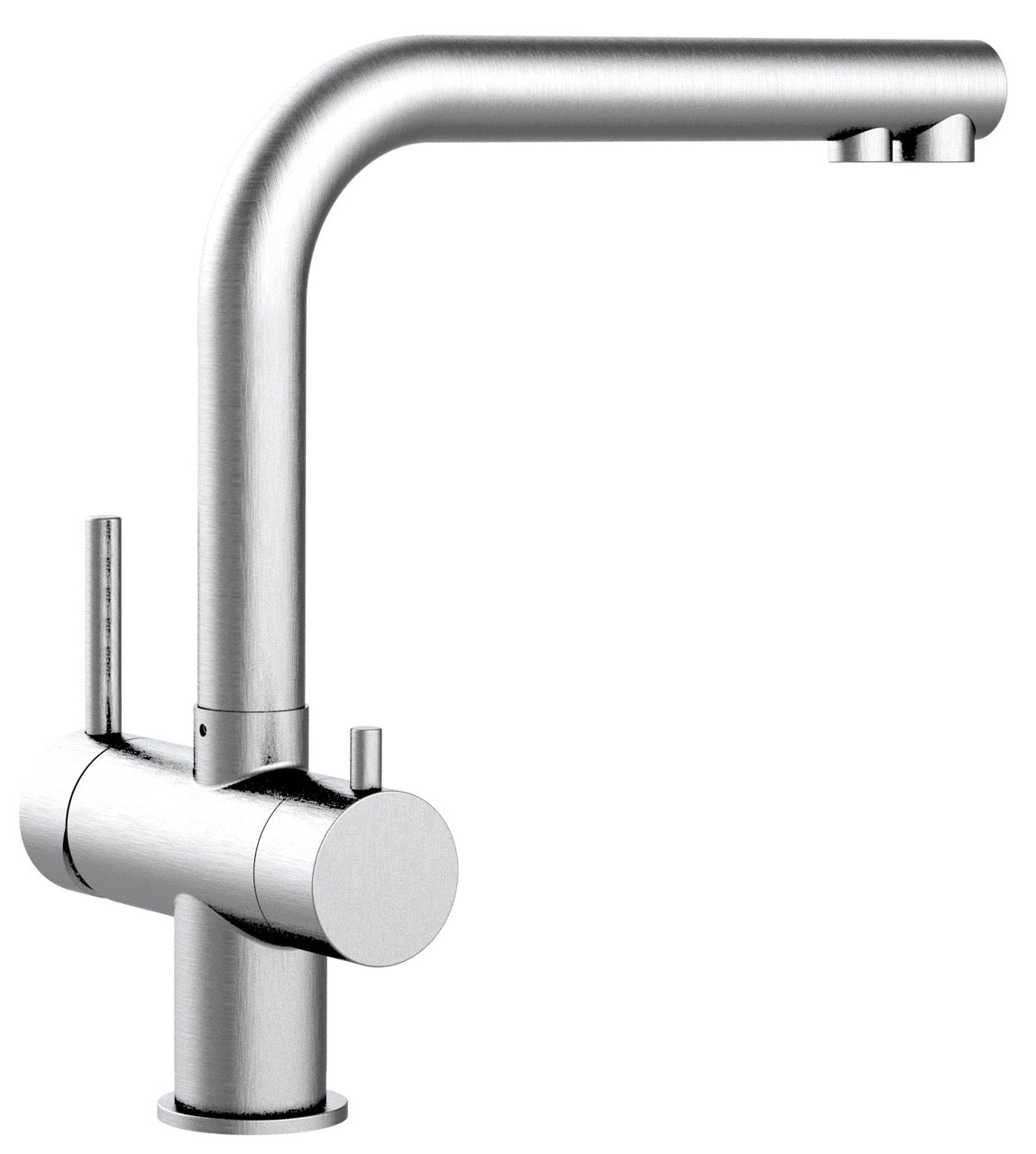 3 Way Kitchen Filter Tap in Solid STAINLESS STEEL, with 360° Swivel L-Spout, Brushed - Short Version