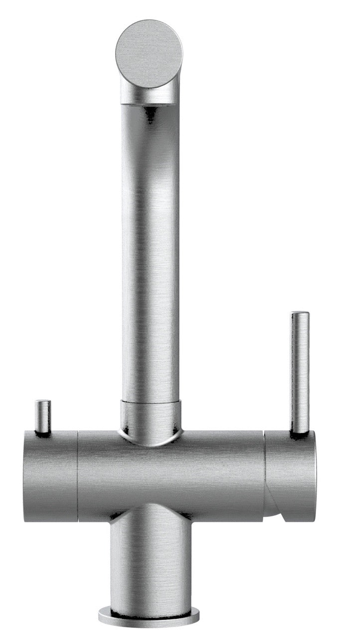 4 Way Kitchen Filter Tap in Solid STAINLESS STEEL, with 360° Swivel L-Spout, Brushed - Short Version