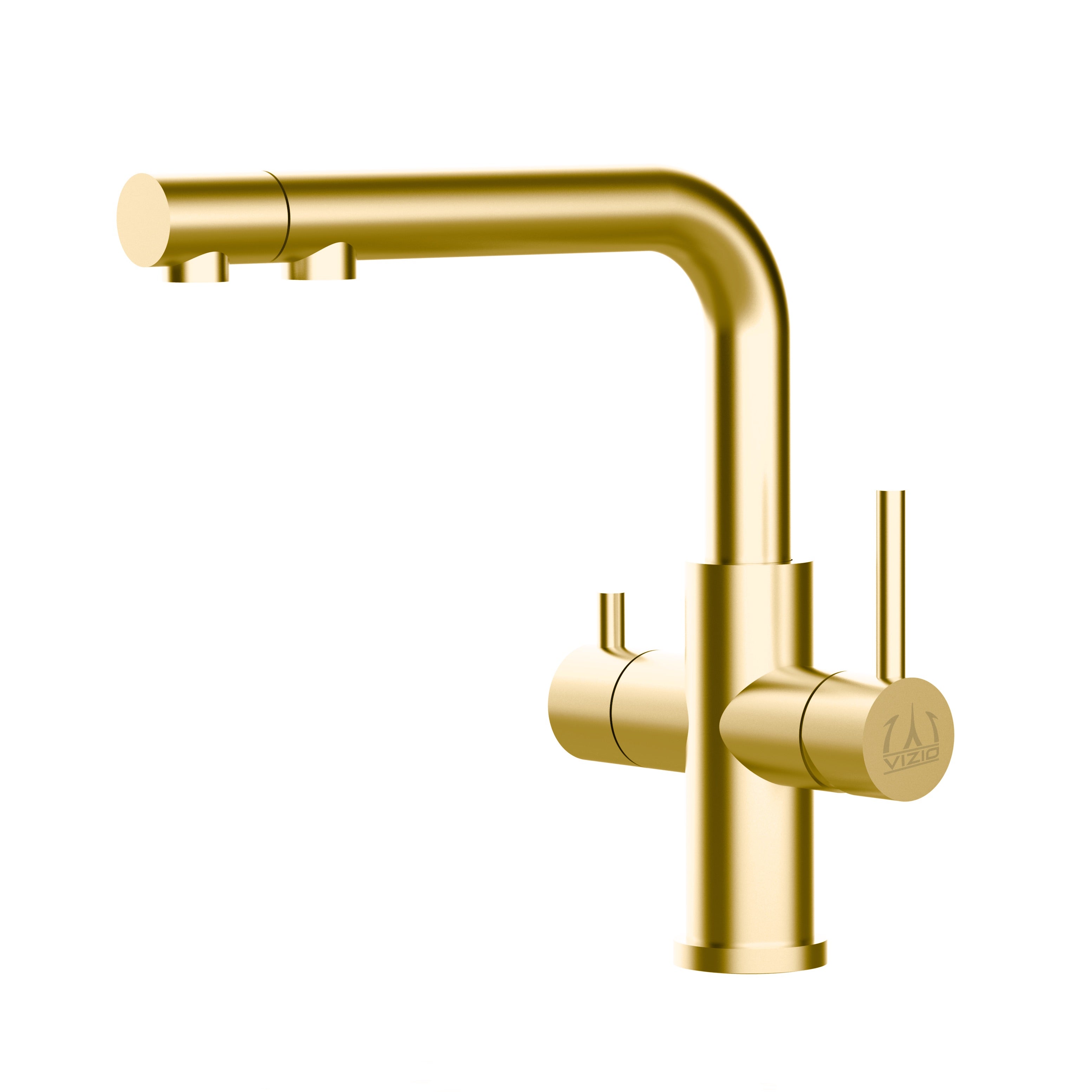 Rubinetto cucina 3 VIE in ACCIAIO INOX PVD Oro Satinato, canna a L girevole con bocca estraibile