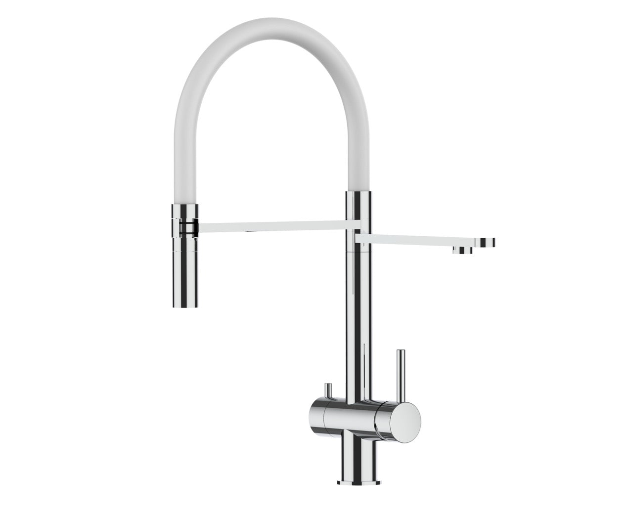3 Way Kitchen Filter Tap in Solid STAINLESS STEEL, with 360° swivel spout and 2-jets removable Spray, Polished / White