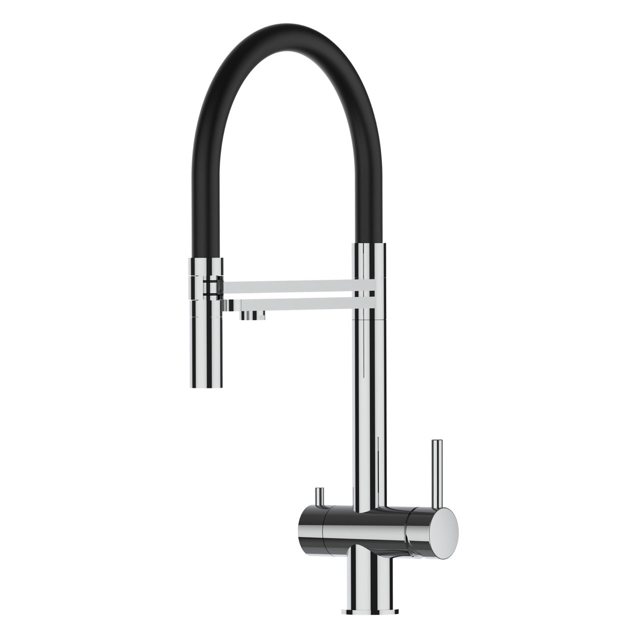 3 Way Kitchen Filter Tap in Solid STAINLESS STEEL, with 360° swivel spout and 2-jets removable Spray, Polished / Black