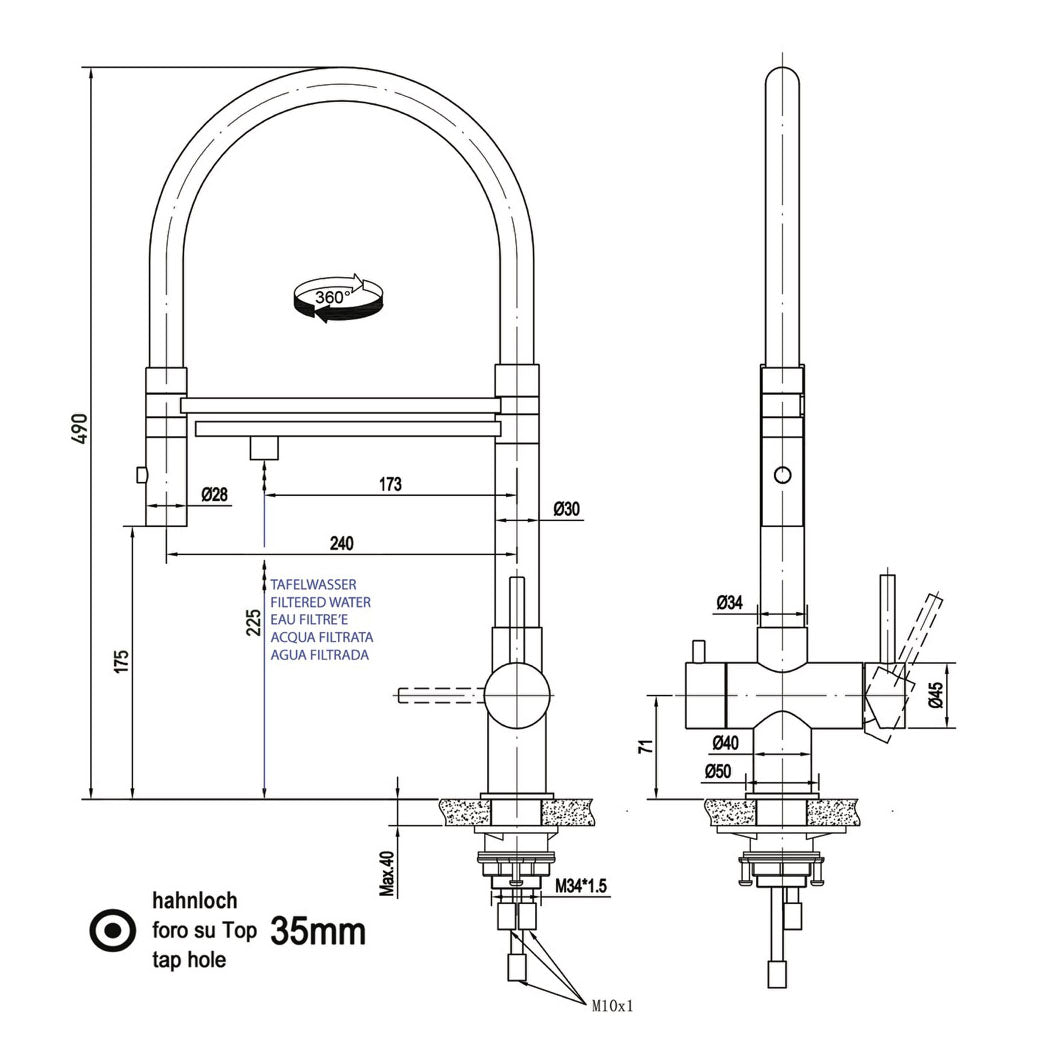 3 Way Kitchen Filter Tap in Solid STAINLESS STEEL, with 360° swivel spout and 2-jets removable Spray, Brushed / Orange