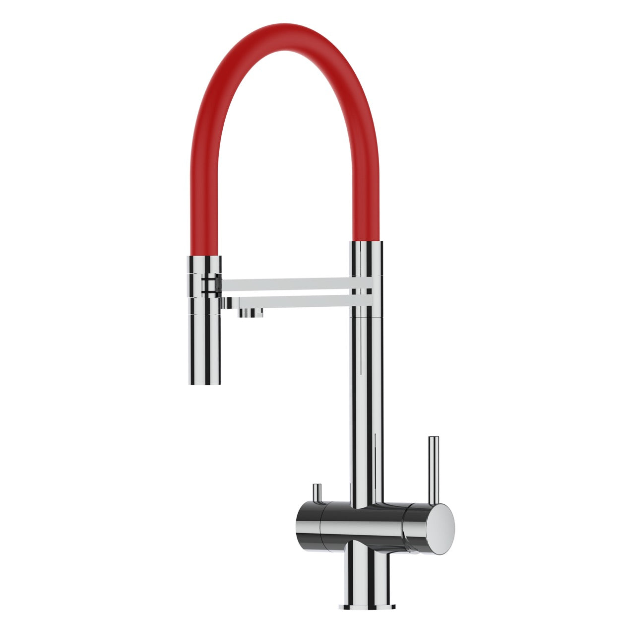 3 Way Kitchen Filter Tap in Solid STAINLESS STEEL, with 360° swivel spout and 2-jets removable Spray, Polished / Red