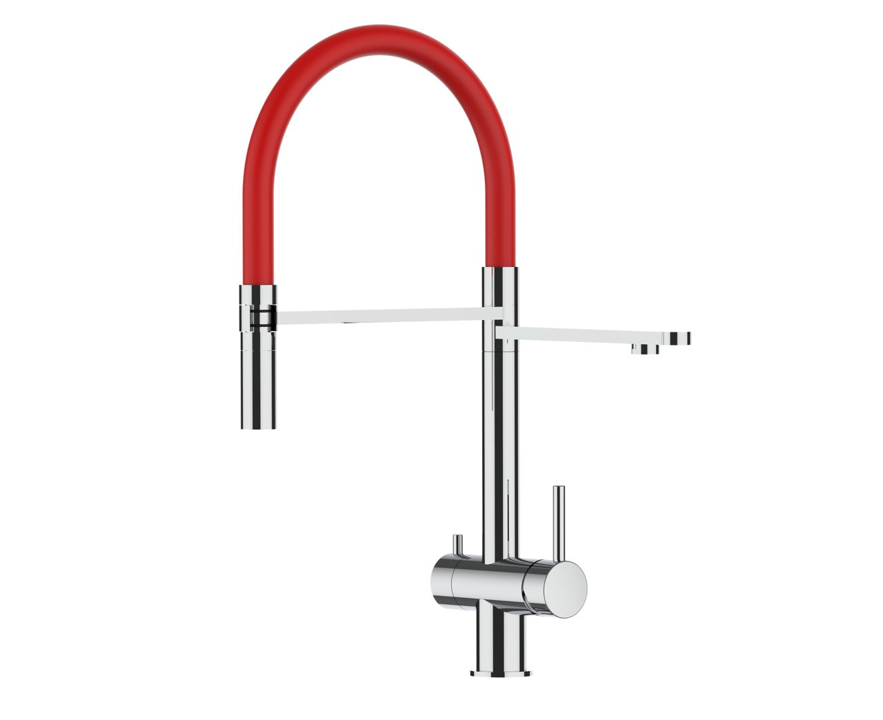 3 Way Kitchen Filter Tap in Solid STAINLESS STEEL, with 360° swivel spout and 2-jets removable Spray, Polished / Red
