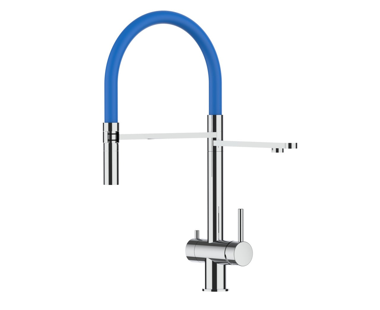 3 Way Kitchen Filter Tap in Solid STAINLESS STEEL, with 360° swivel spout and 2-jets removable Spray, Polished / Blue