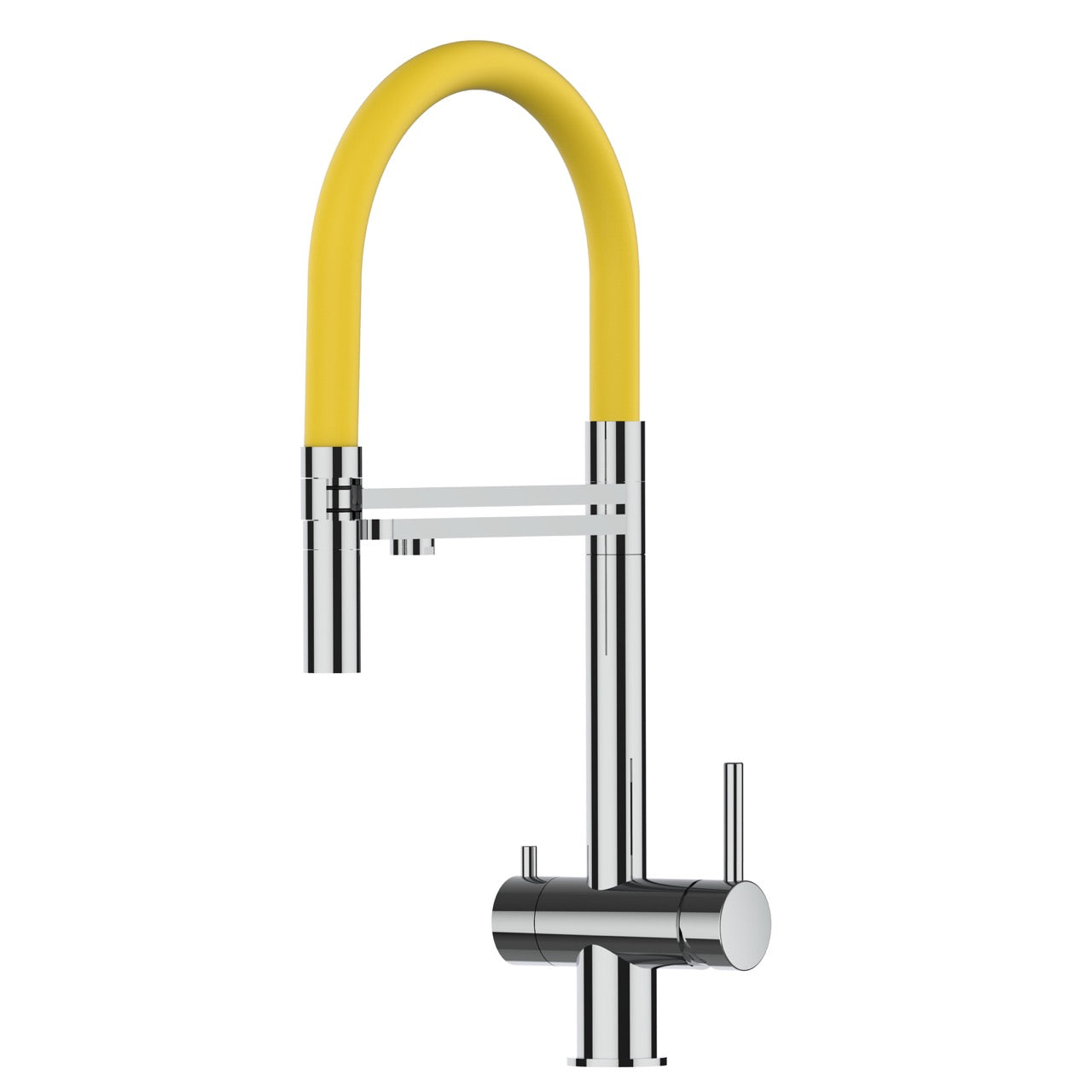 3 Way Kitchen Filter Tap in Solid STAINLESS STEEL, with 360° swivel spout and 2-jets removable Spray, Polished / Yellow