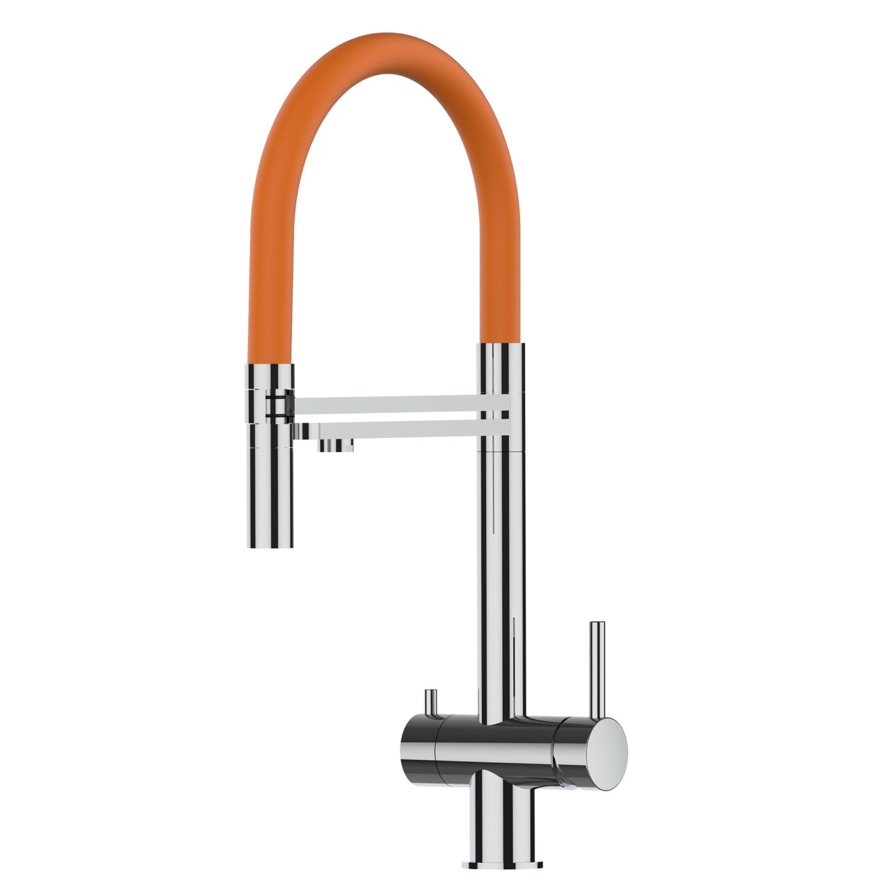 3 Way Kitchen Filter Tap in Solid STAINLESS STEEL, with 360° swivel spout and 2-jets removable Spray, Polished / Orange