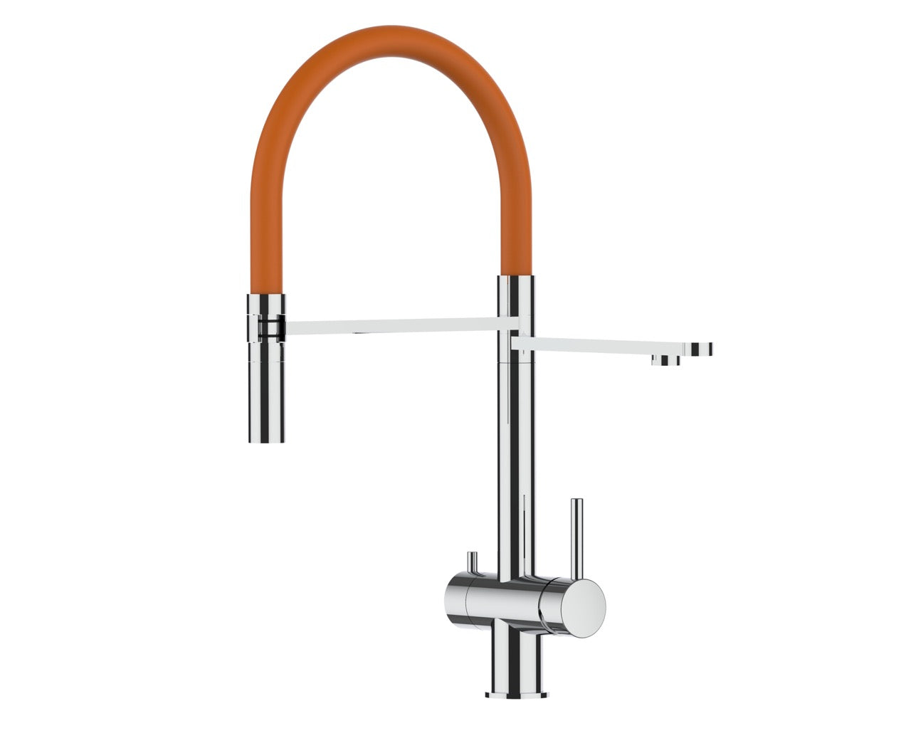 3 Way Kitchen Filter Tap in Solid STAINLESS STEEL, with 360° swivel spout and 2-jets removable Spray, Polished / Orange