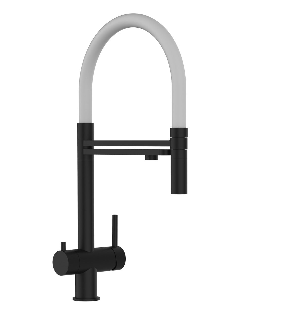 3 Way Kitchen Filter Tap in Solid STAINLESS STEEL, with 360° swivel spout and 2-jets removable Spray, Matt Black PVD / White