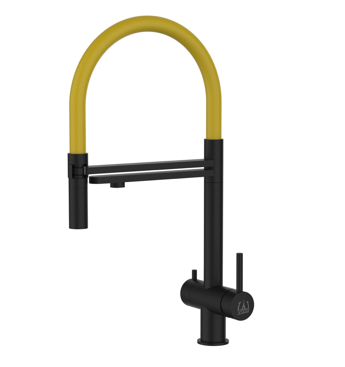 3 Way Kitchen Filter Tap in Solid STAINLESS STEEL, with 360° swivel spout and 2-jets removable Spray, Matt Black PVD / Yellow