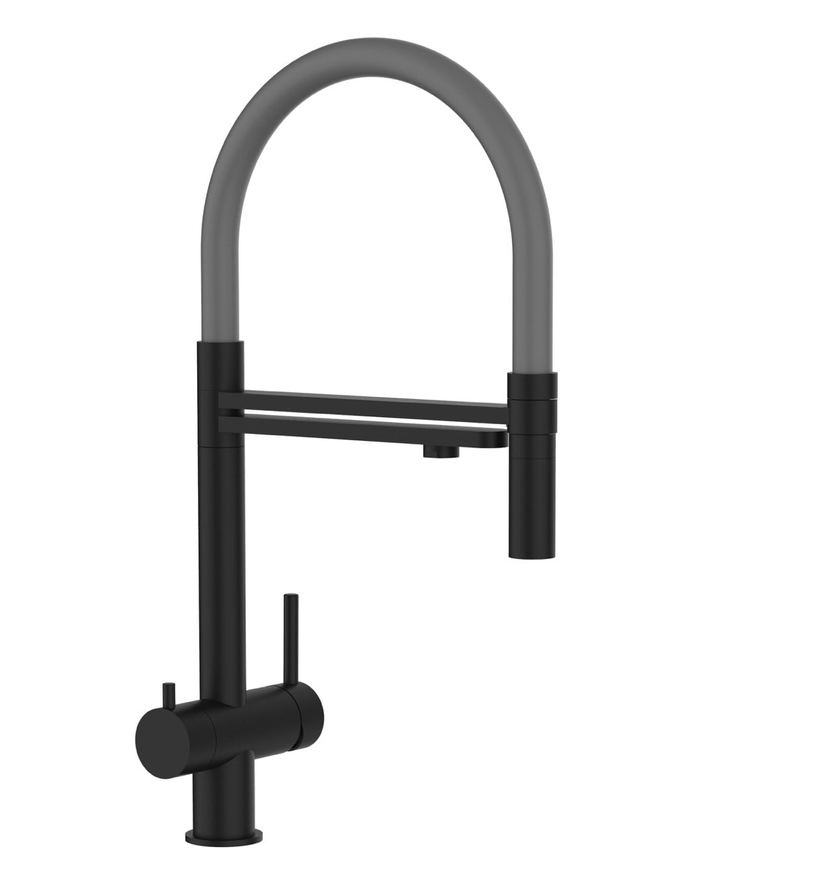 3 Way Kitchen Filter Tap in Solid STAINLESS STEEL, with 360° swivel spout and 2-jets removable Spray, Matt Black PVD / Gray