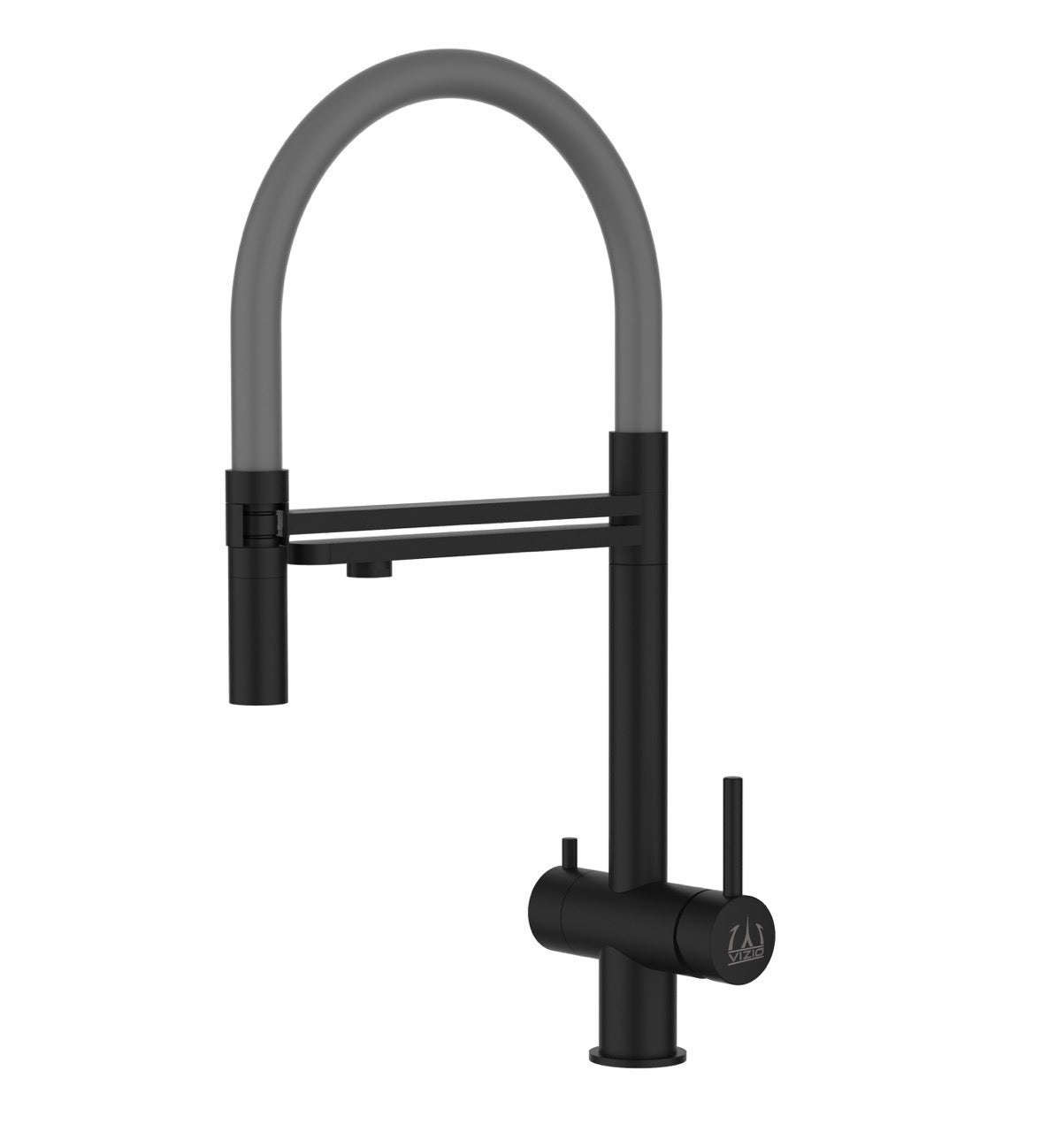 3 Way Kitchen Filter Tap in Solid STAINLESS STEEL, with 360° swivel spout and 2-jets removable Spray, Matt Black PVD / Gray